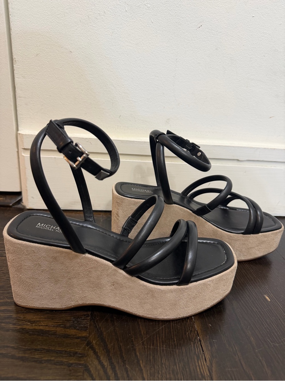 Michael Kors Black Strappy Platform Sandals with Beige Platform 3.25 inches